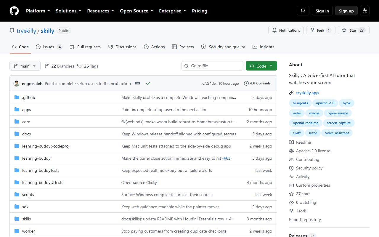 Skilly's GitHub repository page, showing 27 stars, 1 fork, an Apache-2.0 license and topic tags including openai-realtime and voice-assistant