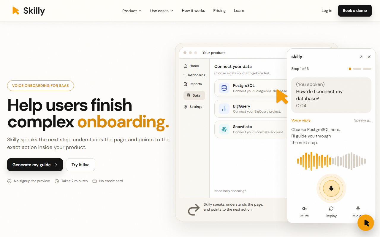 Skilly's own marketing demo of the embeddable widget, showing an orange cursor pointing at a PostgreSQL option in a sample product while a voice panel reads "How do I connect my database?" and a spoken reply guides the next step