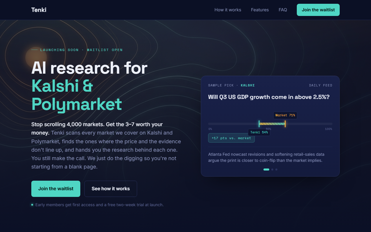 Tenki's homepage on 20 August 2026, reading "launching soon, waitlist open" with no live pricing and a join-the-waitlist button in place of a signup flow