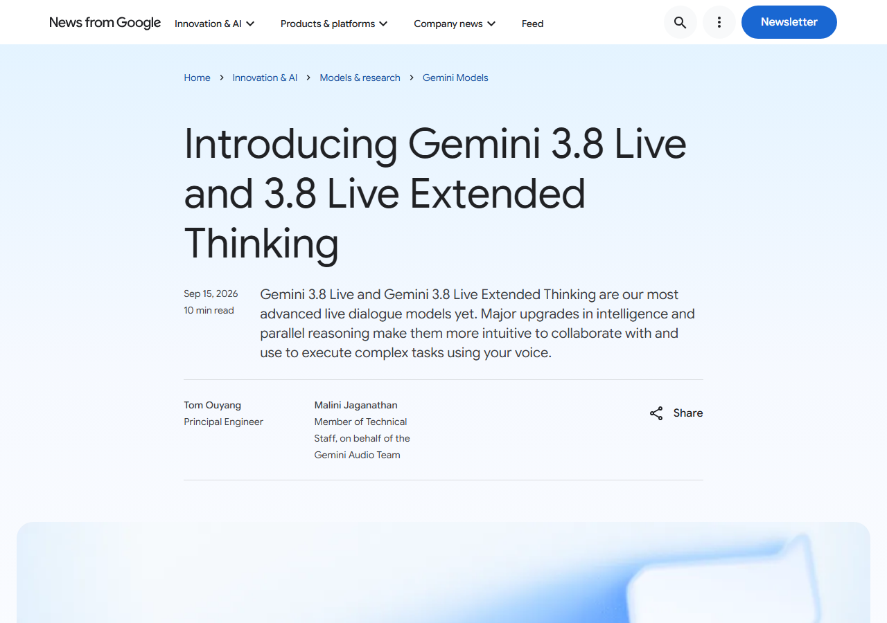 Google's official blog post introducing Gemini 3.8 Live and Gemini 3.8 Live Extended Thinking on September 15, 2026