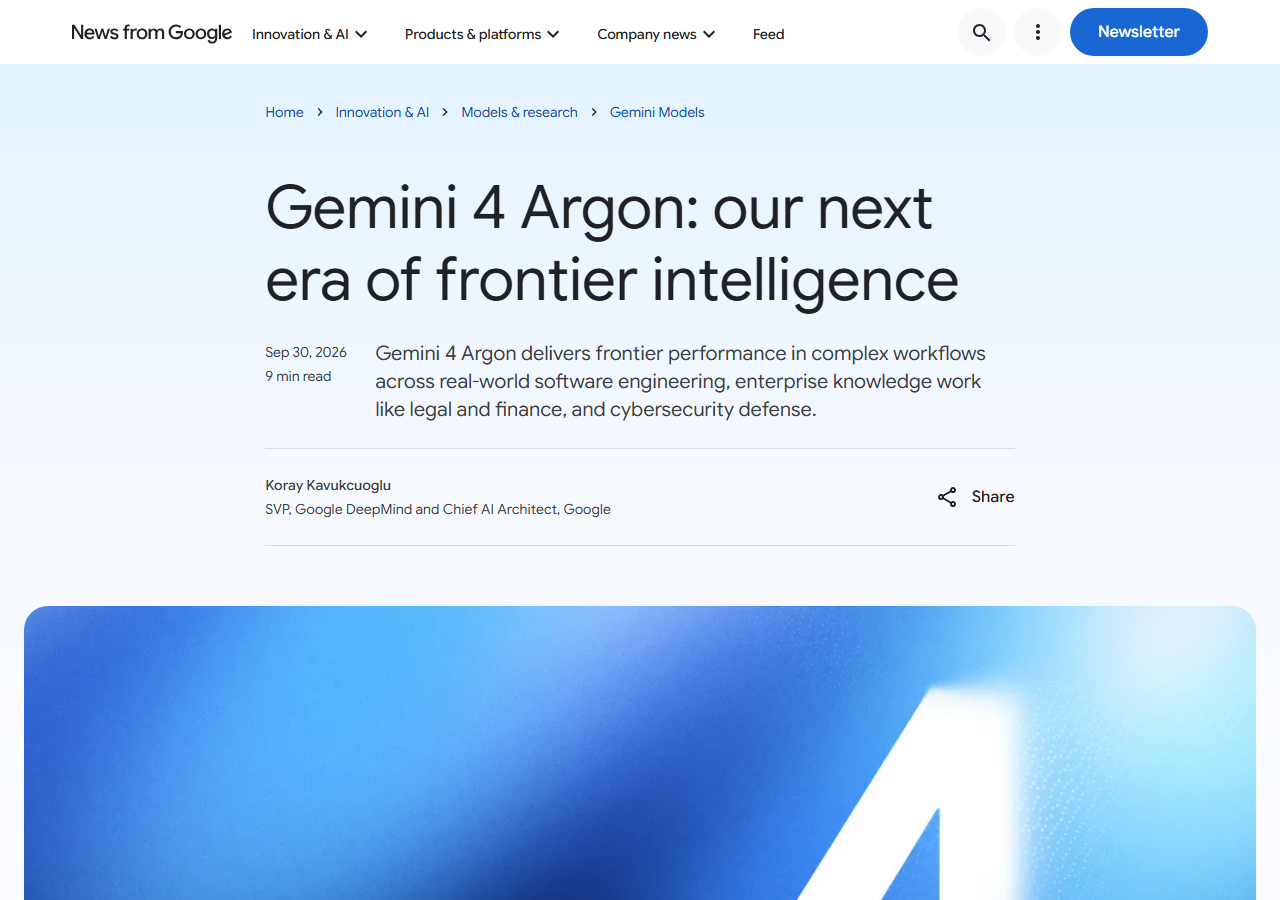 Google blog post announcing Gemini 4 Argon on September 30, 2026, by Koray Kavukcuoglu of Google DeepMind