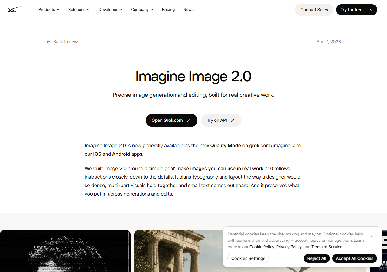 xAI's Imagine Image 2.0 announcement page showing the Try on API button and sample generated images