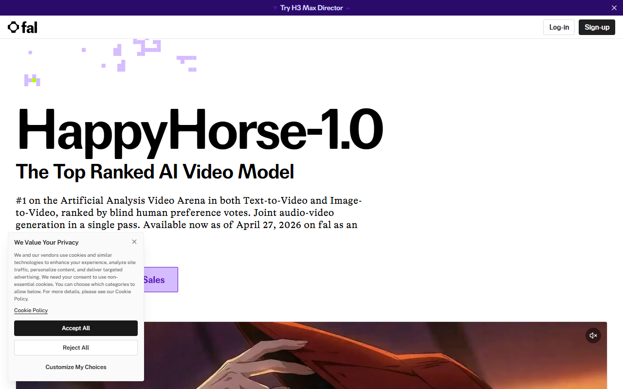 fal.ai's official HappyHorse-1.0 product page hero section reading The Top Ranked AI Video Model, with the number one Artificial Analysis Video Arena ranking claim
