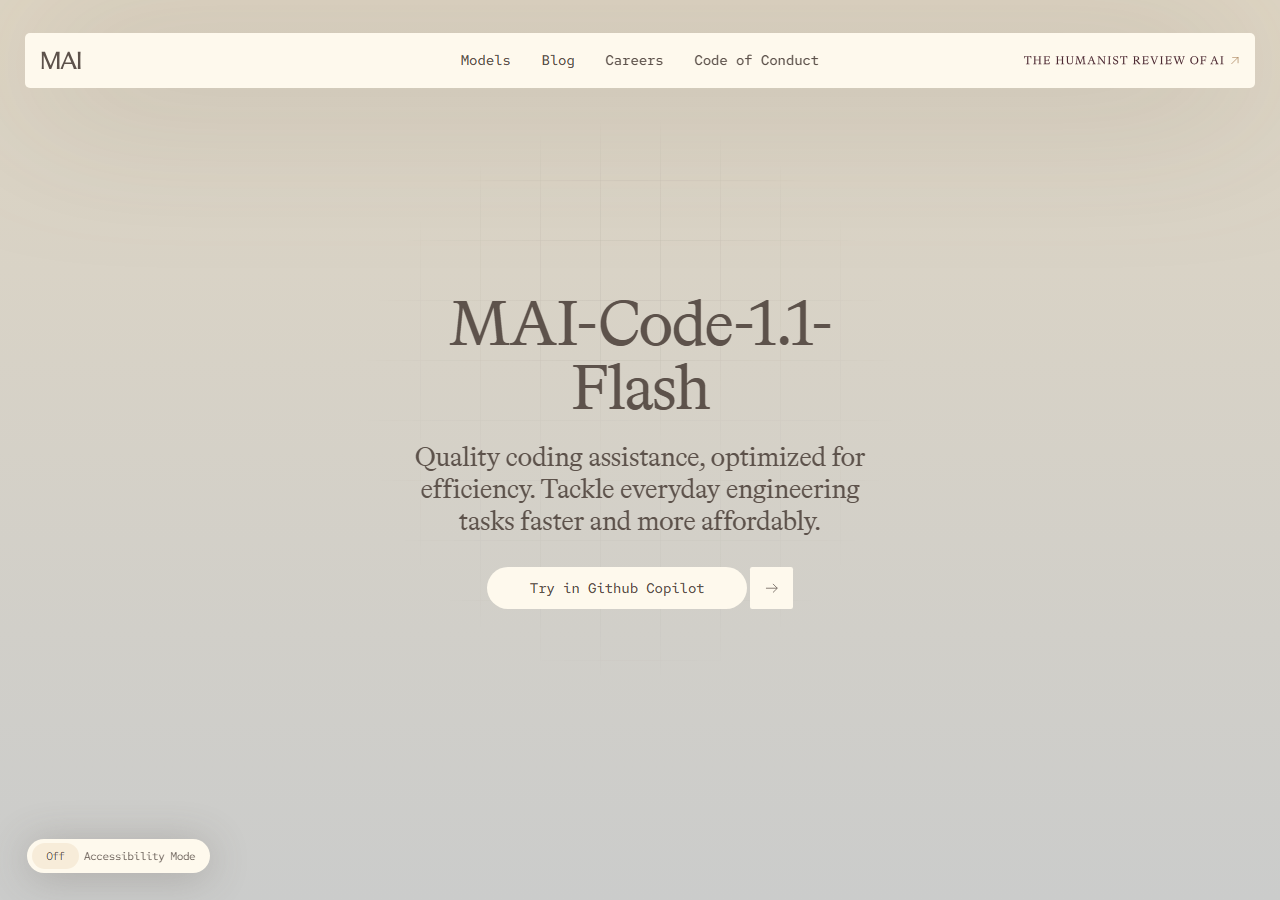 Microsoft AI's official MAI-Code-1.1-Flash model page, showing the model name and its 'quality coding assistance, optimized for efficiency' tagline