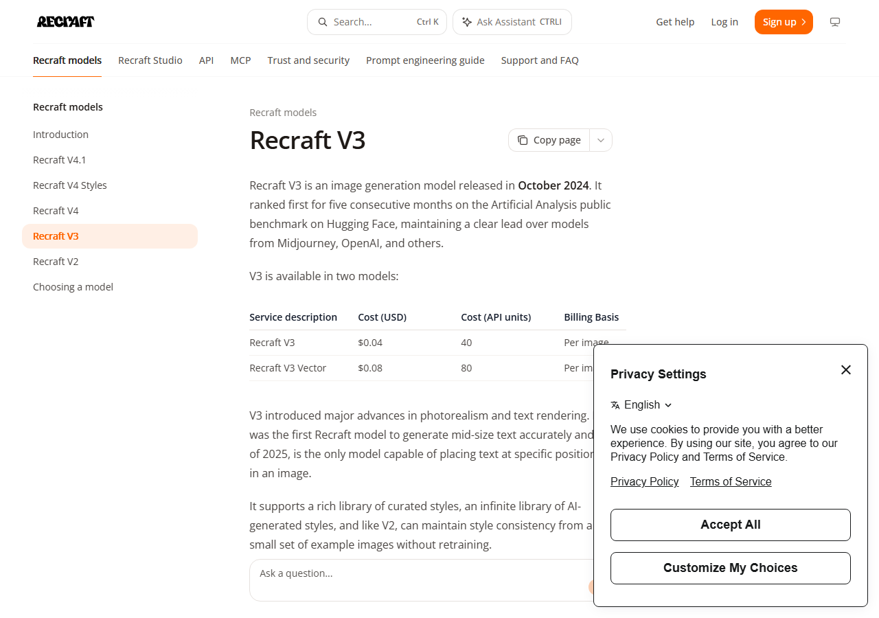 Recraft V3 documentation page showing its per-image raster and vector pricing table