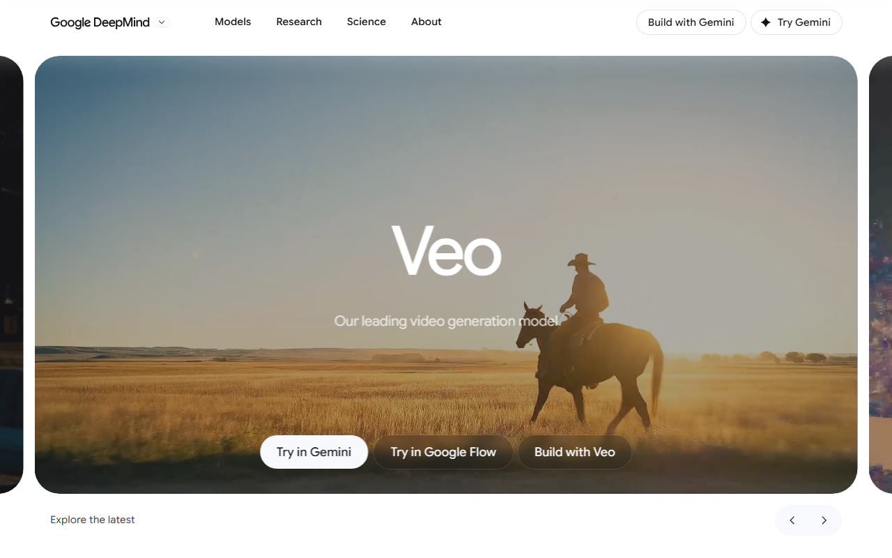 Google DeepMind's official Veo product page hero banner reading Our leading video generation model, with Try in Gemini, Try in Google Flow and Build with Veo buttons