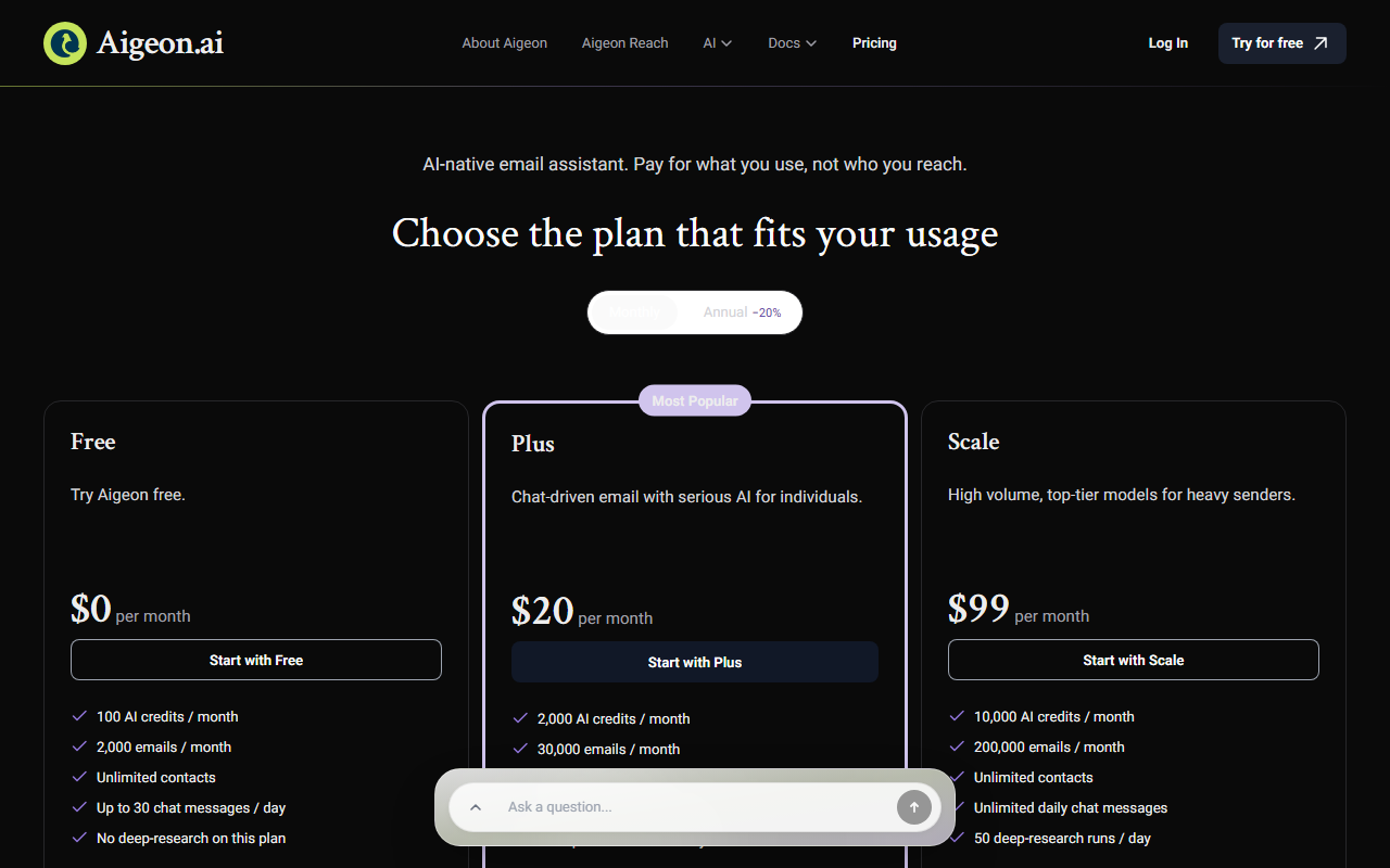Aigeon pricing page showing Free at $0/mo, Plus at $20/mo most popular, and Scale at $99/mo with AI credit and email-volume limits per tier