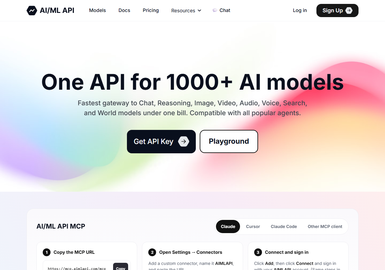 AIML API homepage hero reading One API for 1000+ AI models, with Get API Key and Playground buttons and an AI/ML API MCP connector setup panel below