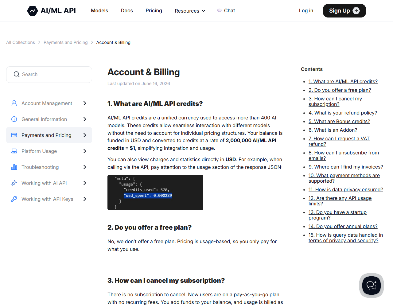 AIML API help center Account and Billing article, question 2 reading Do you offer a free plan, answered No, we don't offer a free plan, pricing is usage-based