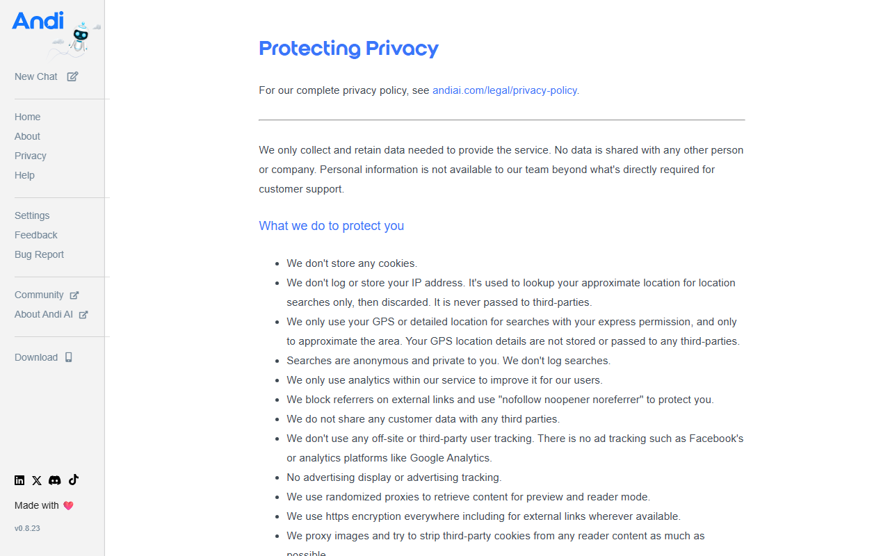 Andi Search Protecting Privacy page listing no cookies, no IP logging, no ad tracking and no third-party data sharing