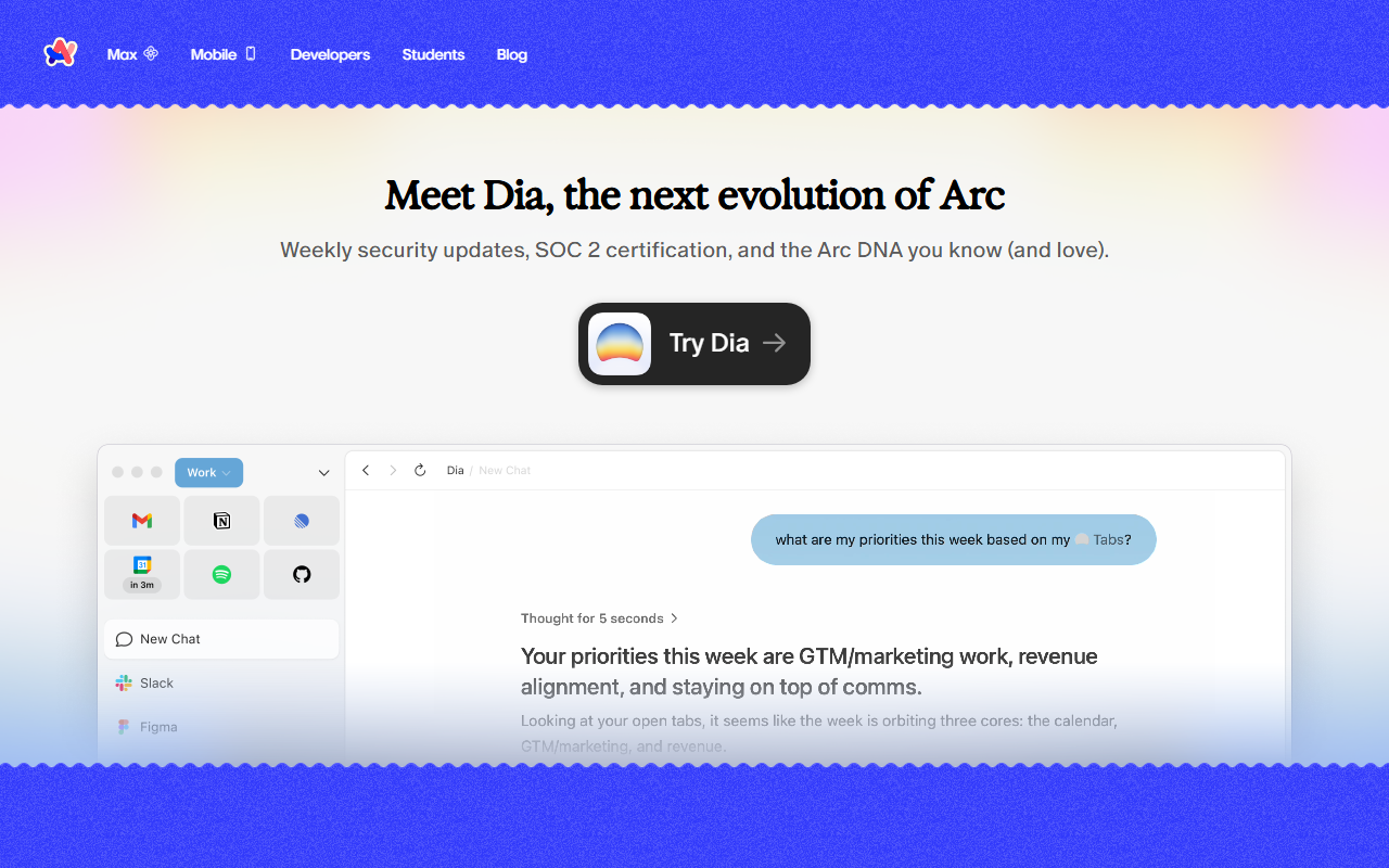 Arc's own homepage now pitches Dia as "the next evolution of Arc" with a Try Dia button front and center