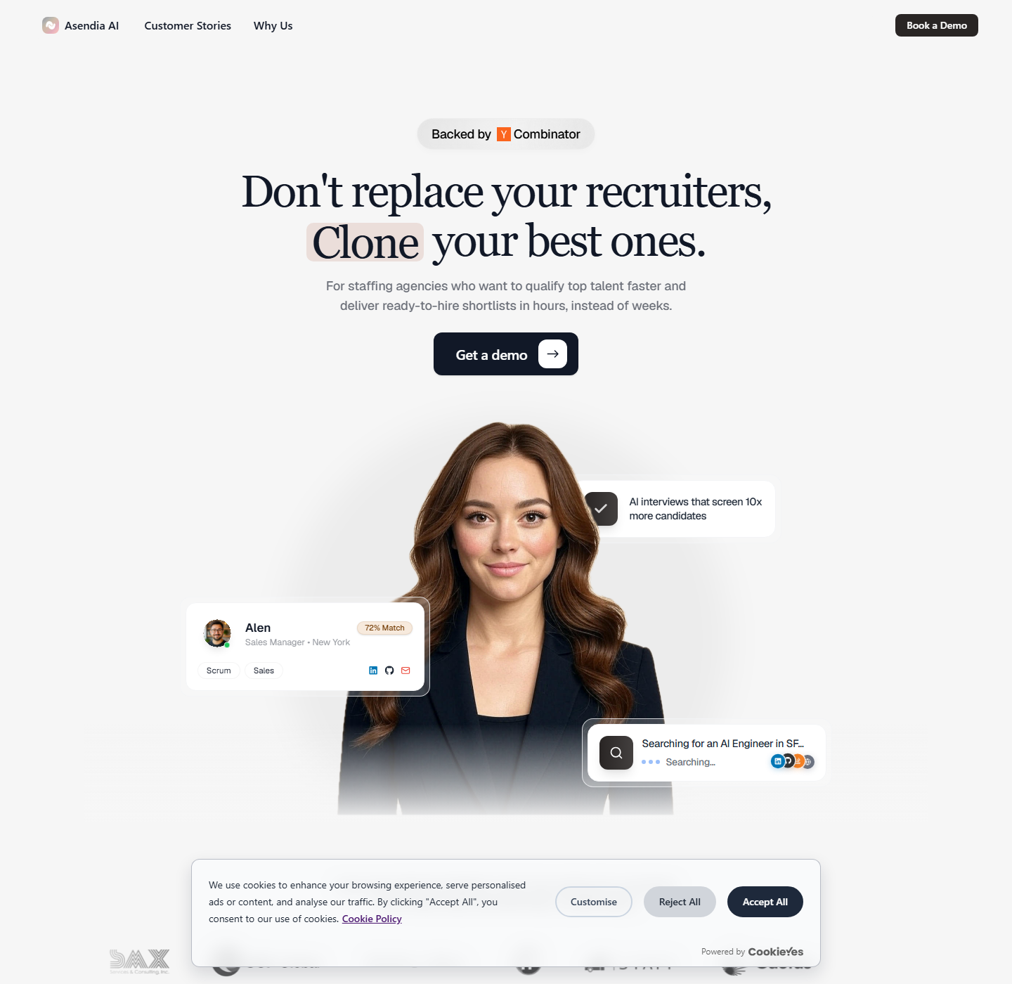 Asendia AI homepage showing the Sarah AI recruiter avatar, a candidate match card for a Sales Manager, and a live candidate search panel