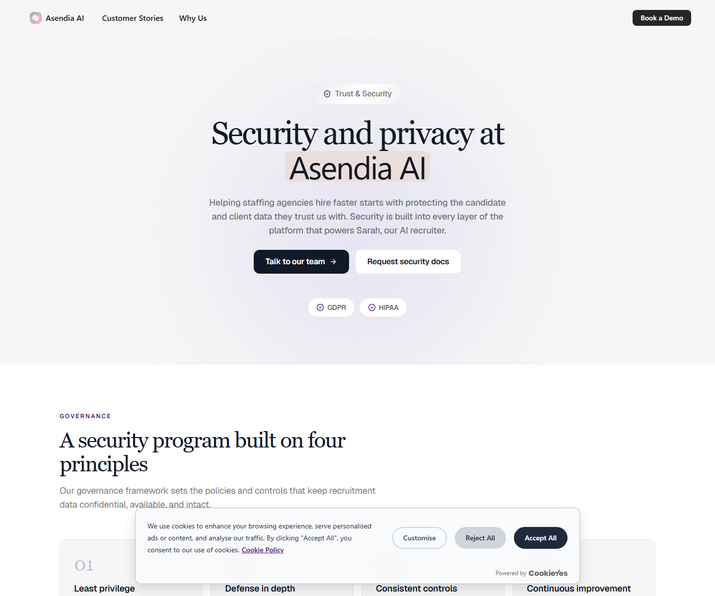 Asendia AI security and privacy page showing GDPR and HIPAA compliance badges above a four-principle governance framework
