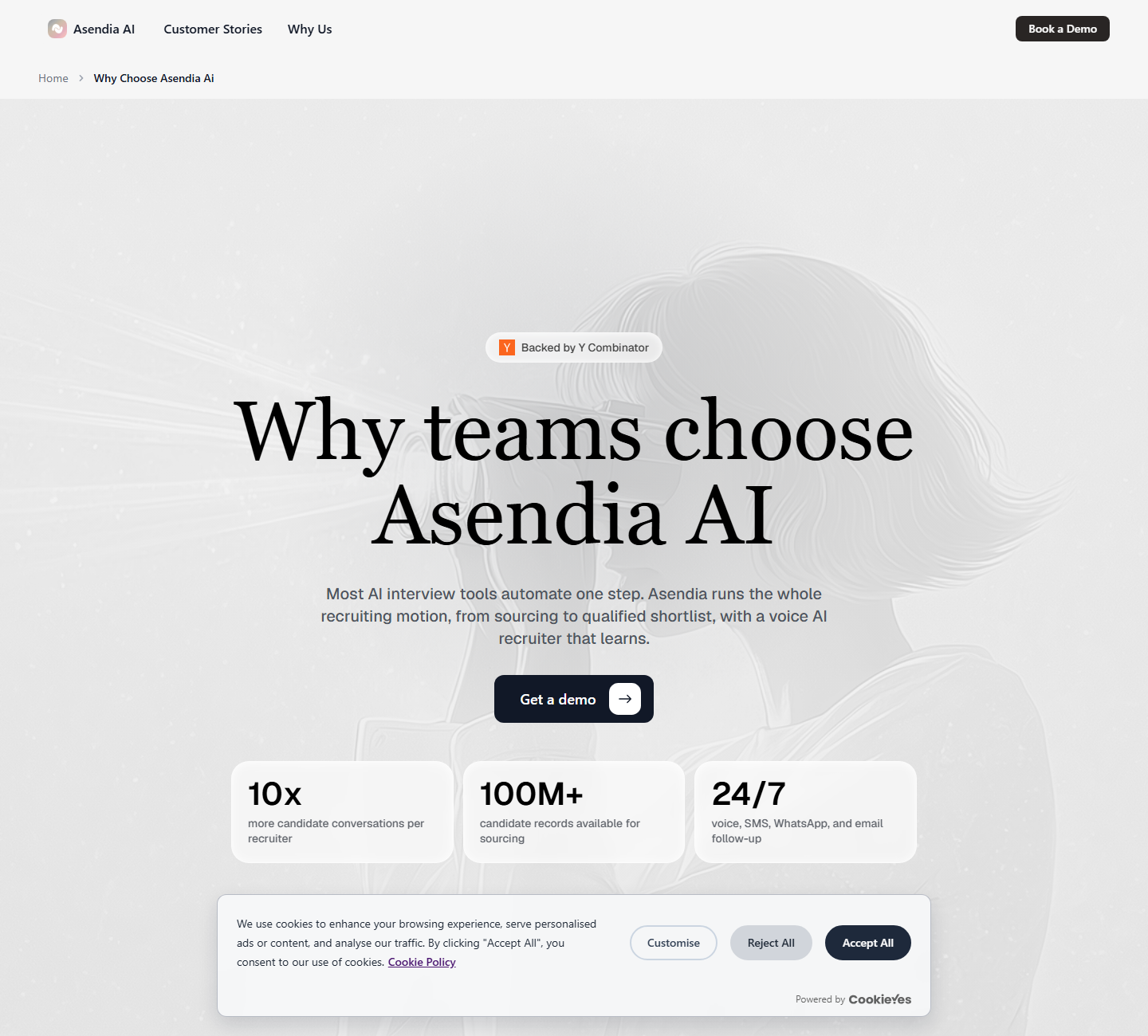 Asendia AI Why Choose page showing three stat tiles: 10x more candidate conversations per recruiter, 100M+ candidate records, and 24/7 voice, SMS, WhatsApp and email follow-up