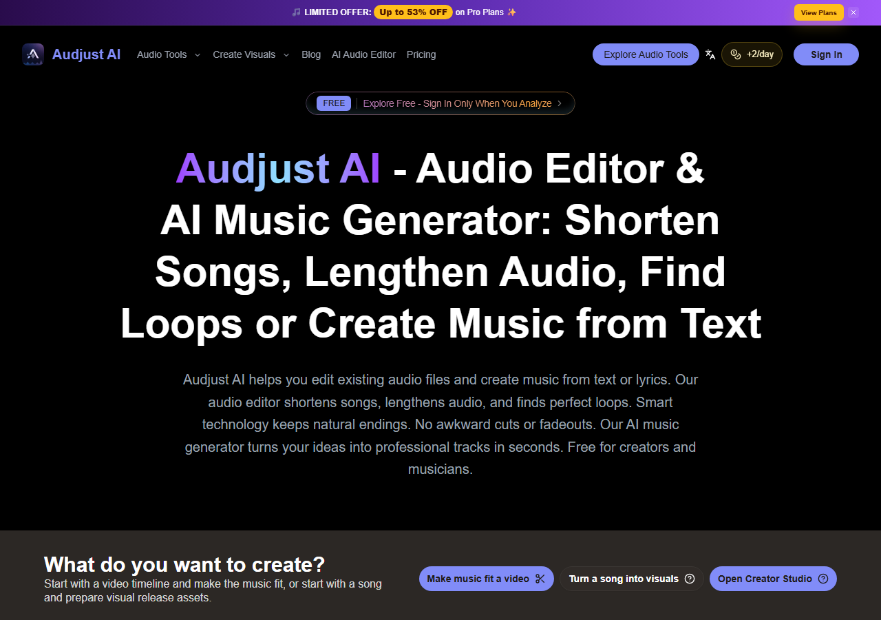 Audjust AI homepage hero reading Shorten Songs, Lengthen Audio, Find Loops or Create Music from Text, with a free sign-in-only-to-analyze banner