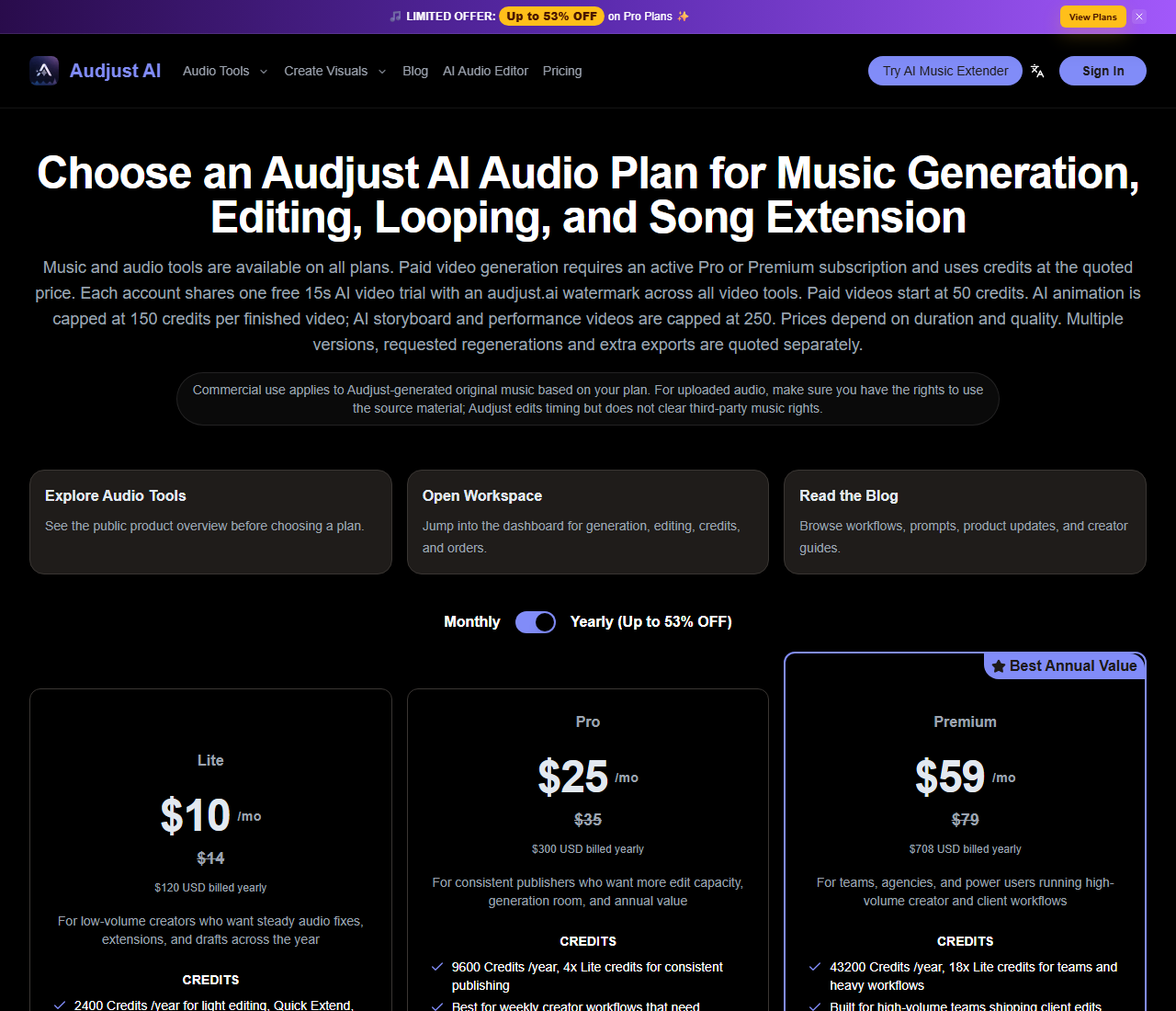 Audjust AI pricing page showing Lite at $10 a month, Pro at $25 a month, and Premium at $59 a month with annual credit totals