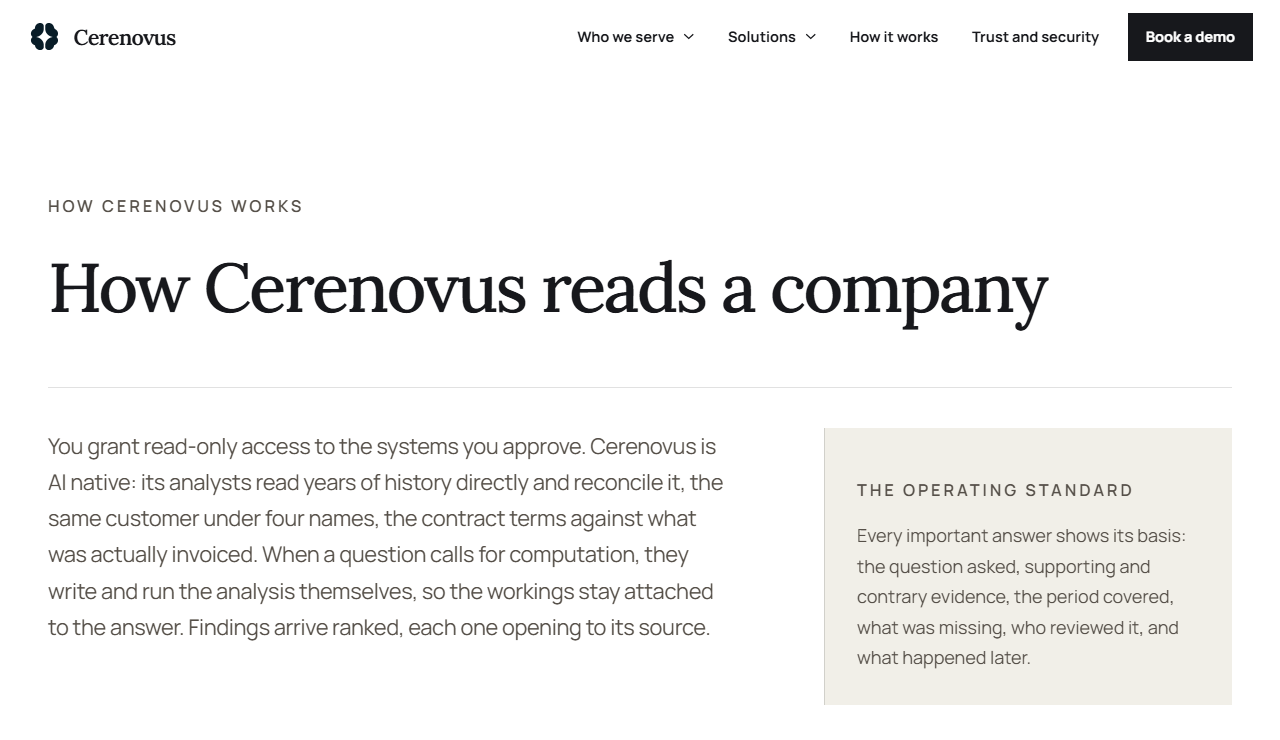 Cerenovus How it works page headlined How Cerenovus reads a company, describing read-only access to approved systems beside a panel called The Operating Standard