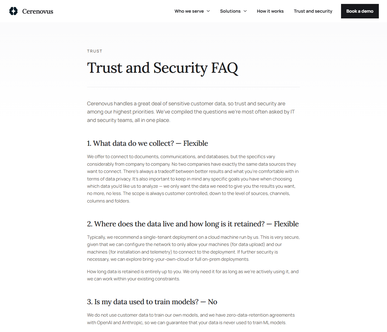 Cerenovus Trust and Security FAQ page answering what data is collected, where data lives and how long it is retained, and whether customer data is used to train models, with the answer No