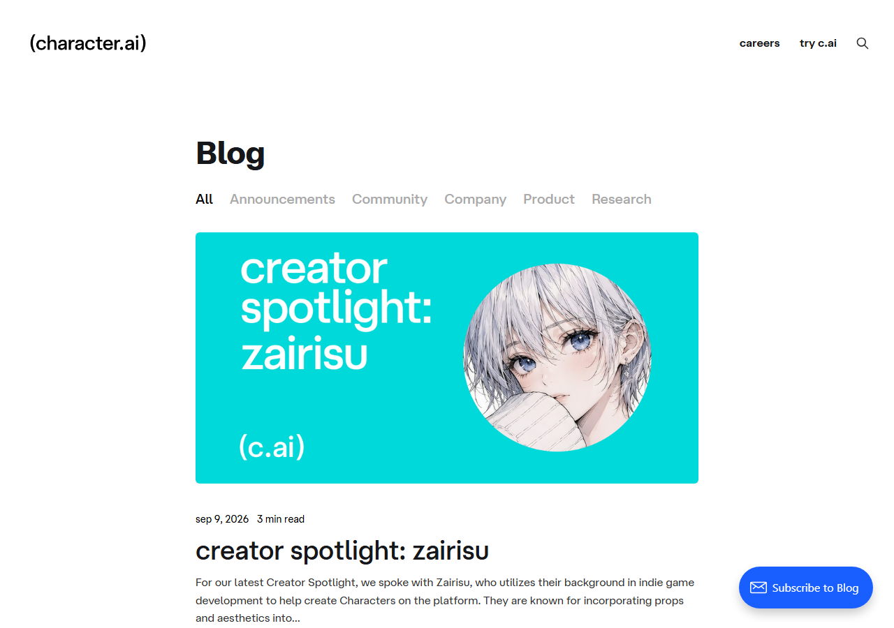 The Character.ai blog homepage showing its Announcements, Community, Company, Product and Research categories