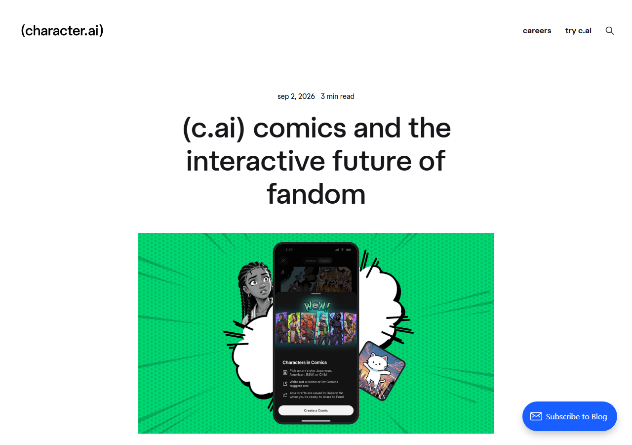 Character.ai blog post dated Sep 2, 2026 announcing (c.ai) Comics, with a phone mockup of the comic-creation UI