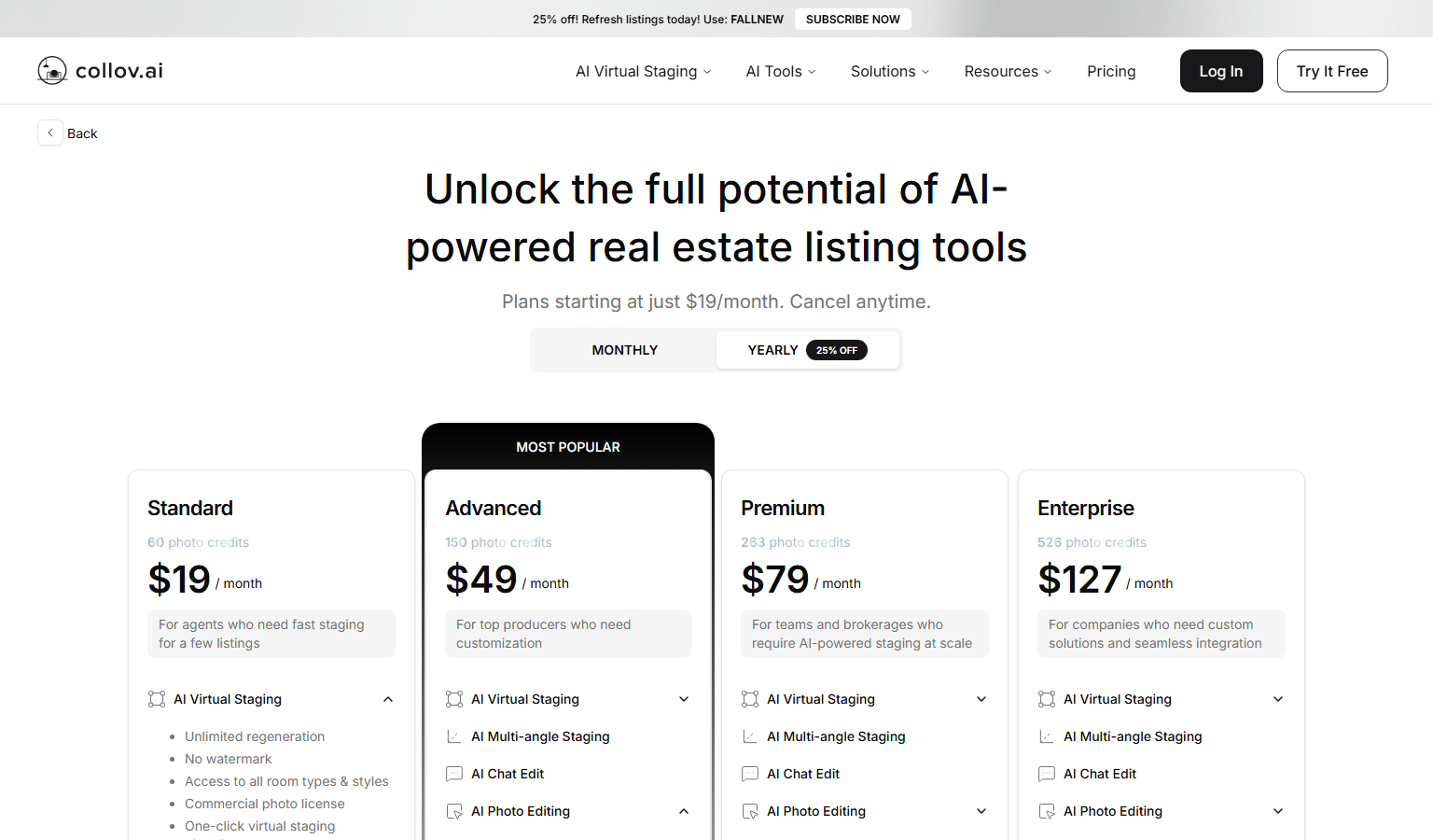 Collov AI pricing page with the Standard, Advanced, Premium and Enterprise plans on the yearly billing toggle