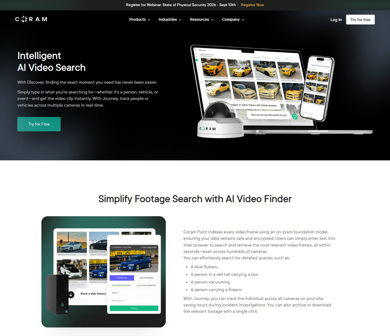 Coram AI Search product page headlined Intelligent AI Video Search, describing Discover for typing what you are searching for and Journey for tracking people or vehicles across cameras, with a laptop and phone showing a grid of yellow Subaru results returned from a text query