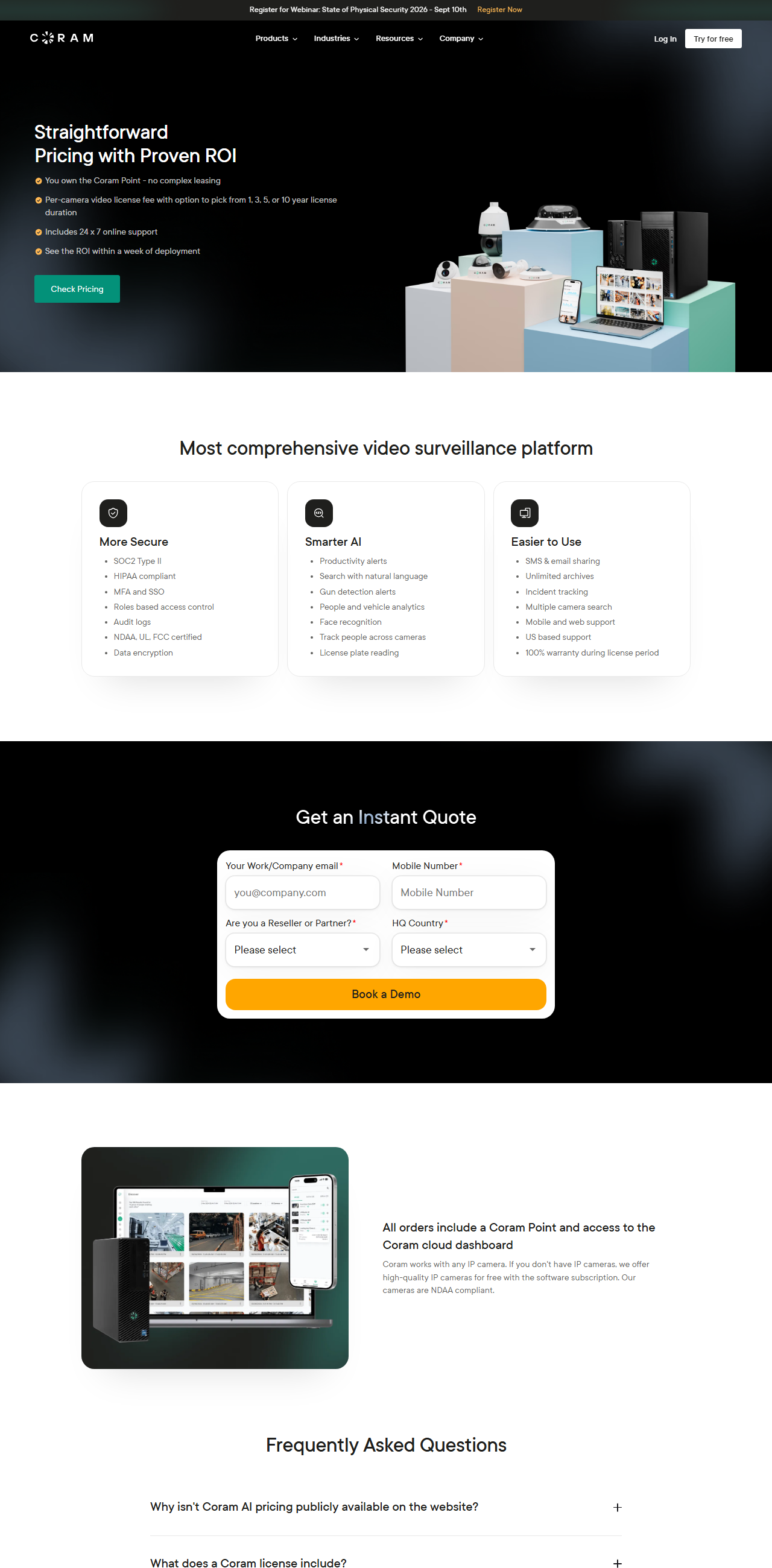 Coram AI pricing page headlined Straightforward Pricing with Proven ROI, listing you own the Coram Point with no complex leasing, a per-camera video license fee with 1, 3, 5 or 10 year duration, and 24 x 7 online support, above a Get an Instant Quote form whose only button is Book a Demo
