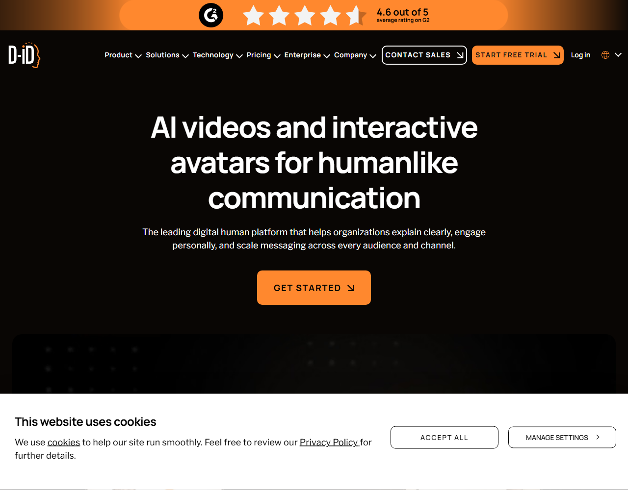D-ID homepage headlined AI videos and interactive avatars for humanlike communication, with a G2 rating banner above the navigation