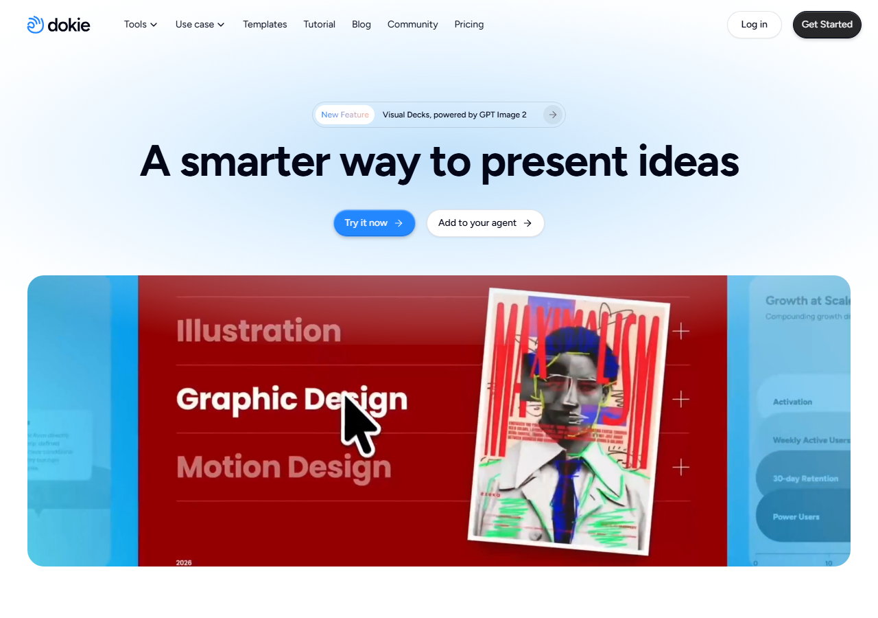 Dokie AI homepage headlined "A smarter way to present ideas" with a New Feature banner for Visual Decks powered by GPT Image 2 and an "Add to your agent" call to action