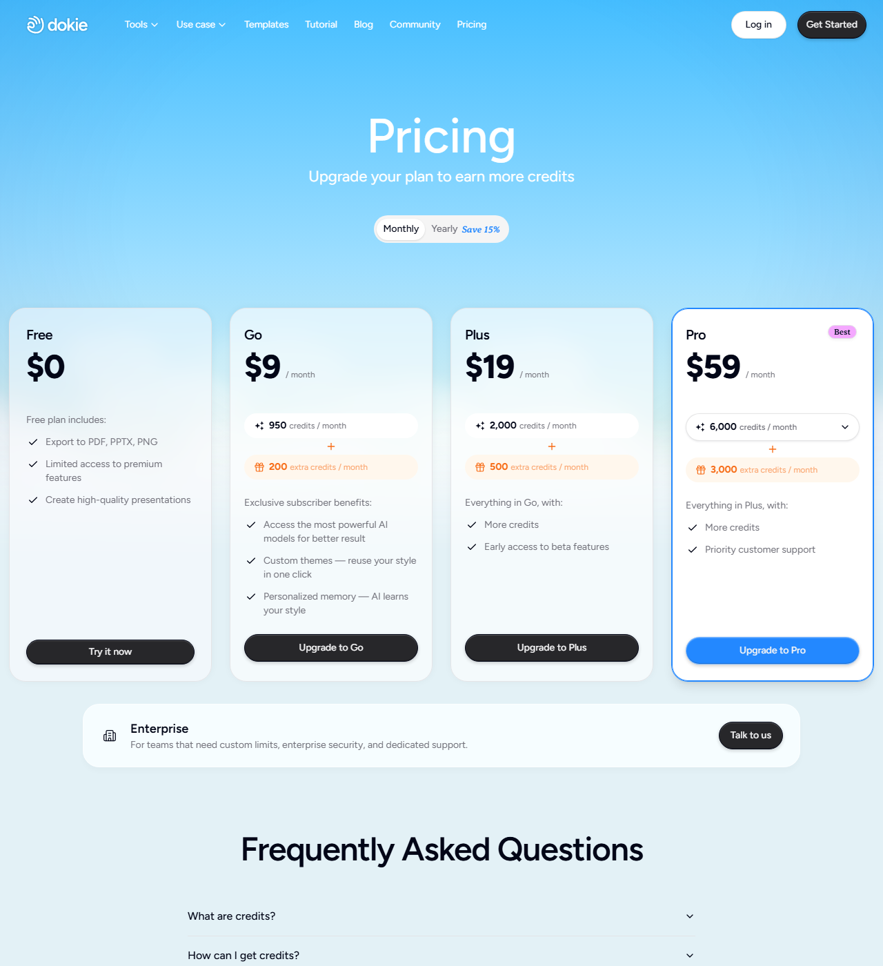 Dokie AI pricing page showing five tiers: Free at $0, Go at $9/month, Plus at $19/month, Pro at $59/month marked Best, and a custom Enterprise plan