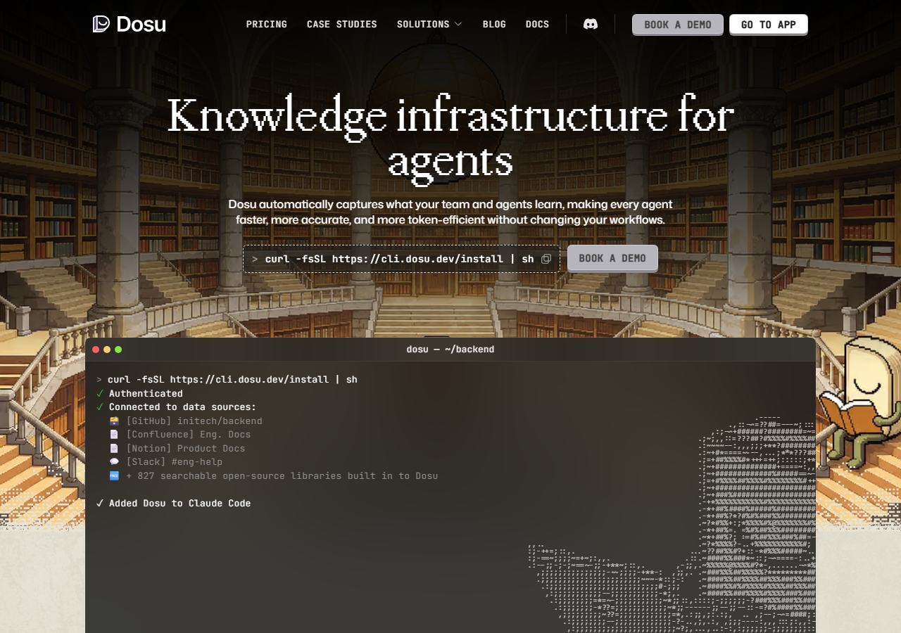 Dosus startsida med en terminaldemo som kopplar GitHub, Confluence, Notion och Slack till en kodningsagent