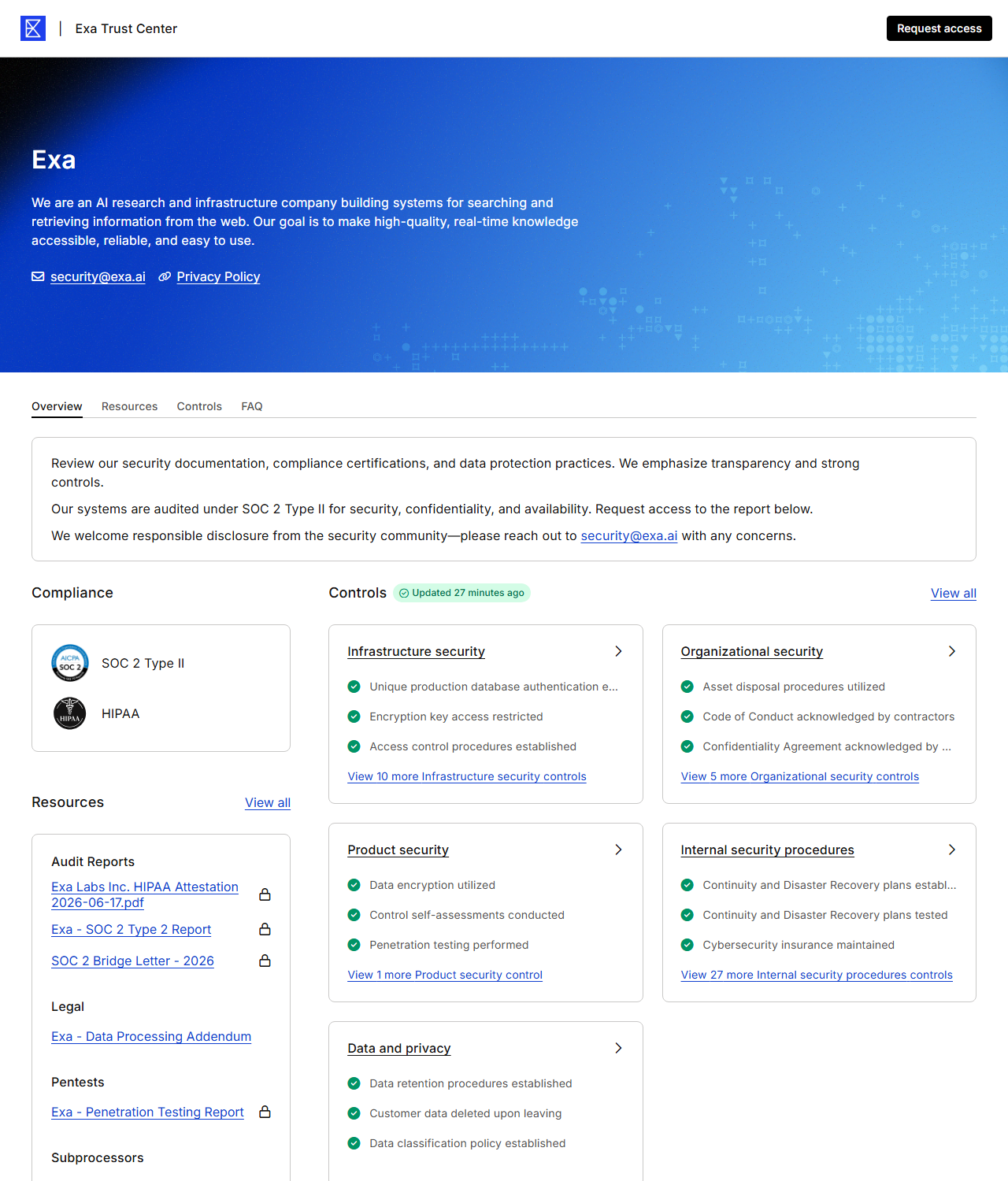 Exa Trust Center on Vanta listing SOC 2 Type II and HIPAA under Compliance, audit reports including an Exa Labs Inc. HIPAA Attestation dated 2026-06-17, a SOC 2 Type 2 report and a 2026 bridge letter, a Data Processing Addendum, a Penetration Testing Report and a Subprocessors list, plus monitored controls for data encryption, penetration testing and customer data deleted upon leaving