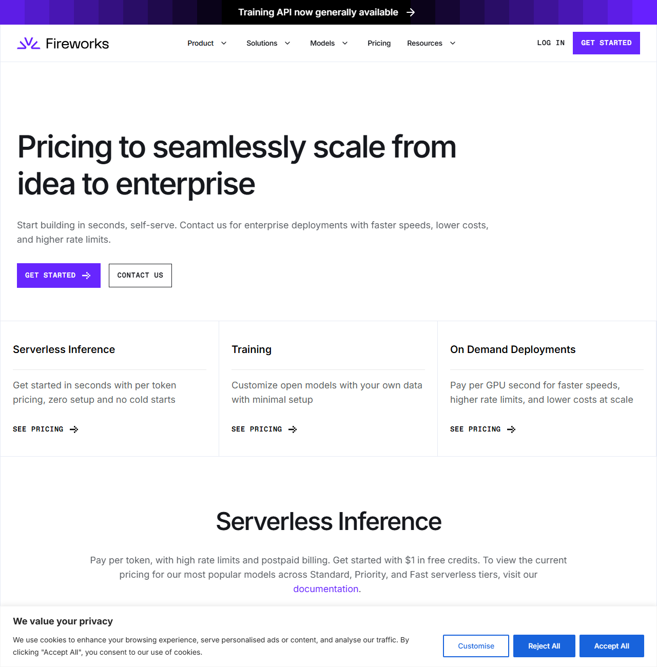Fireworks AI pricing page headlined Pricing to seamlessly scale from idea to enterprise, with three cards for Serverless Inference, Training and On Demand Deployments