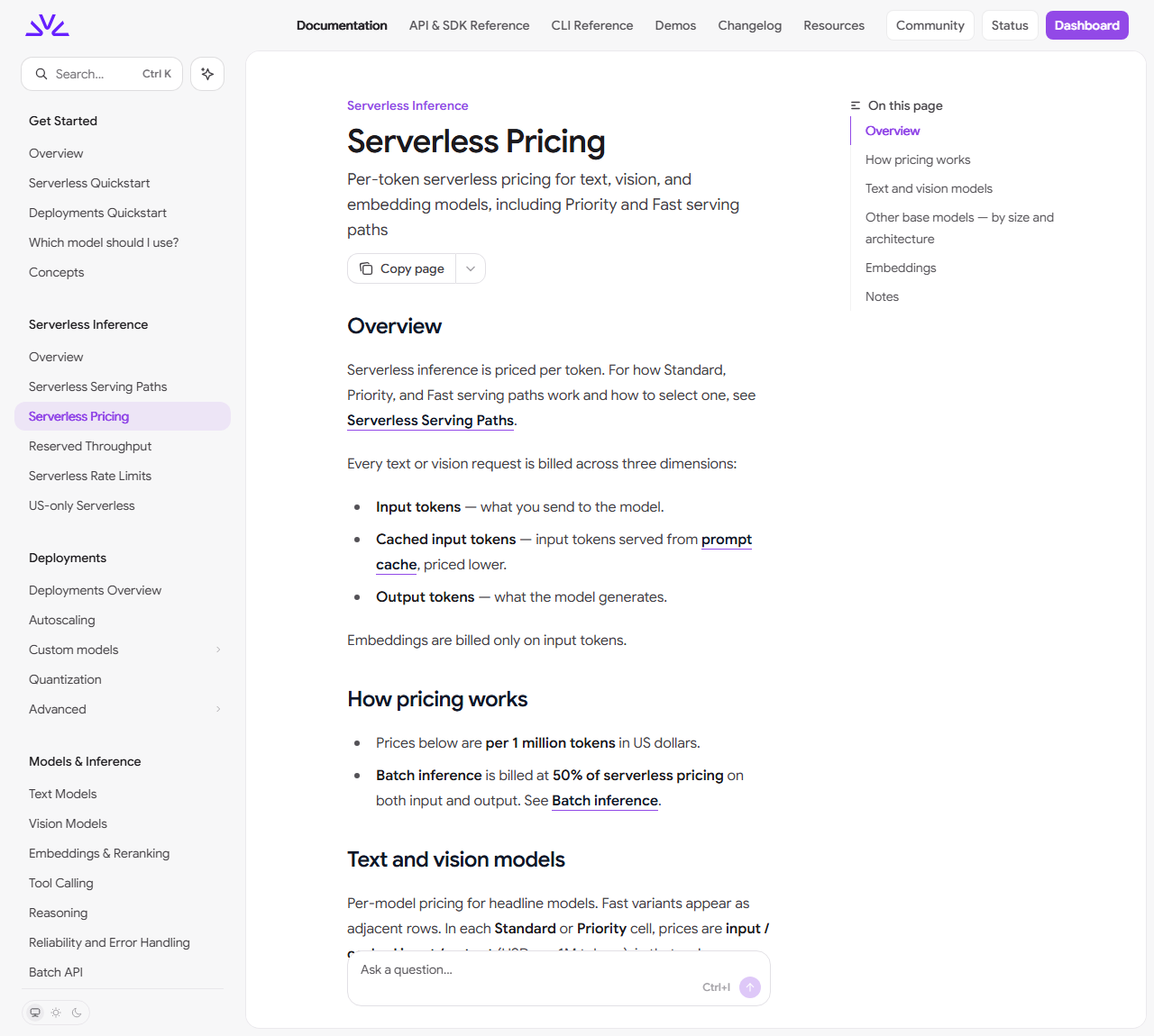 Fireworks AI documentation page for serverless pricing, explaining that every text or vision request is billed on input tokens, cached input tokens and output tokens, and that batch inference is billed at 50% of serverless pricing