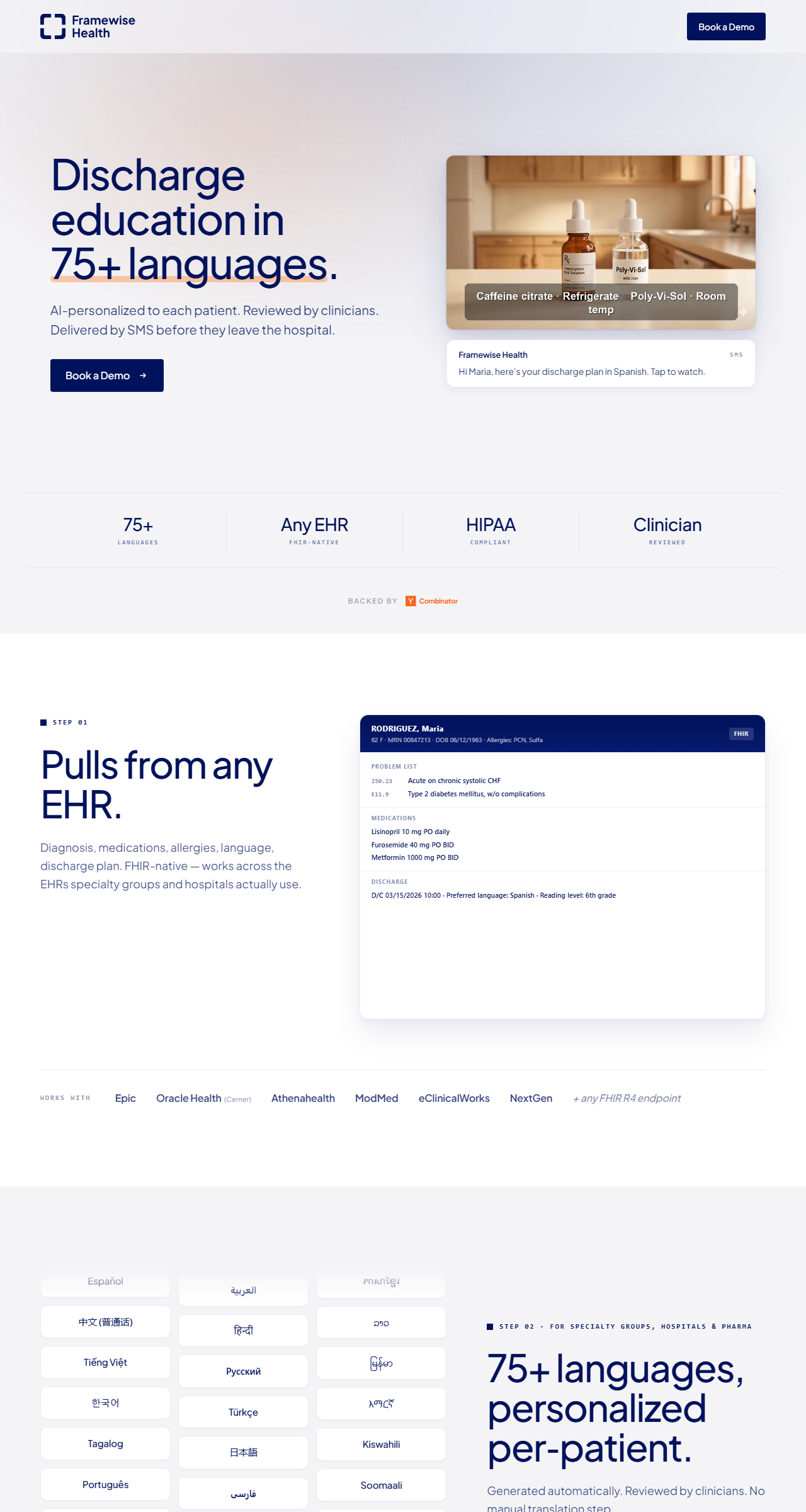 Framewise Health's FHIR patient record pulling diagnosis, medications and discharge language, with Epic, Oracle Health and other EHR logos below
