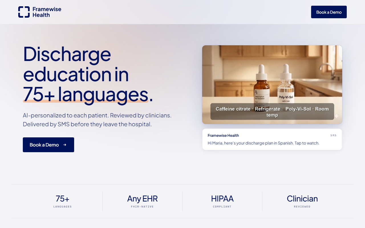 Framewise Health homepage headline reading Discharge education in 75+ languages, with a sample discharge SMS message
