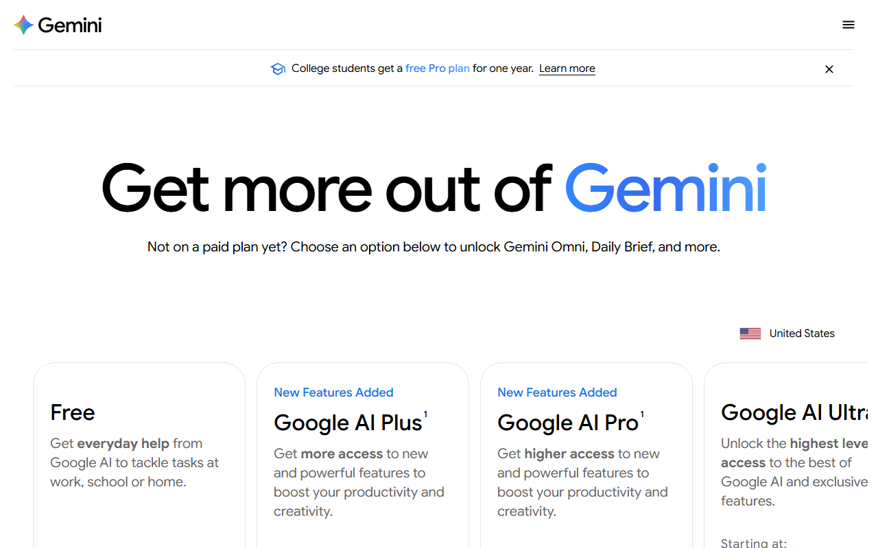 Geminis sida om planer med kort för Free, Google AI Plus, Google AI Pro och Google AI Ultra