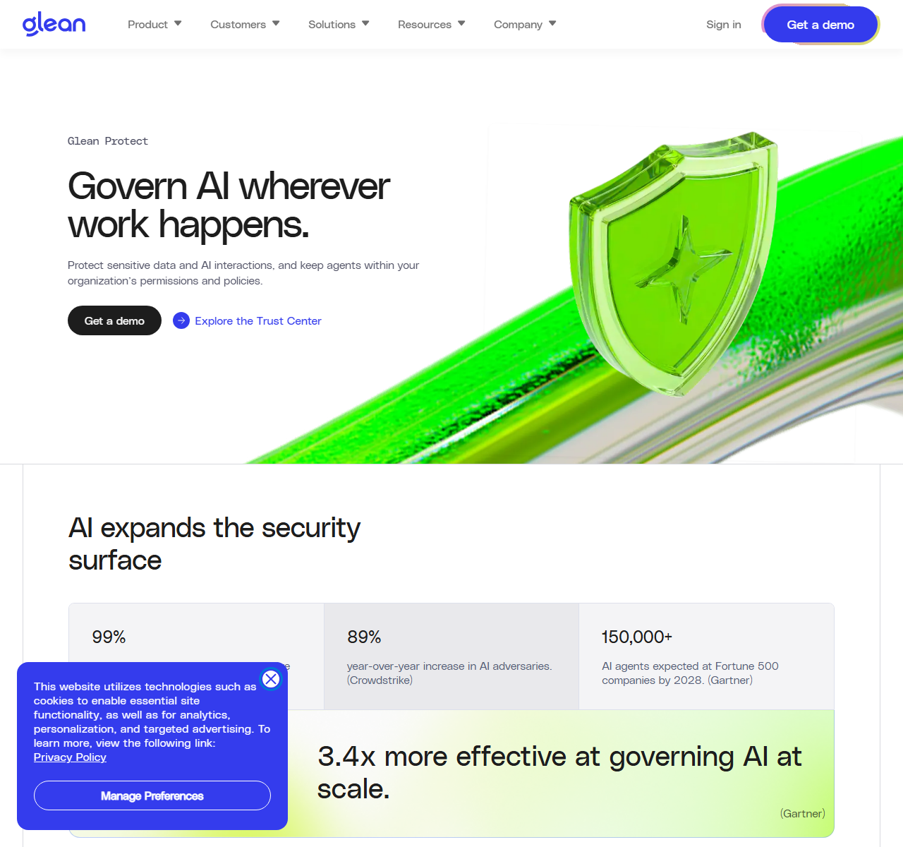 Glean Protect page headlined Govern AI wherever work happens, with a link to the Trust Center and statistics on AI security risk