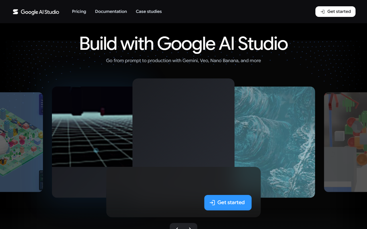 Google AI Studio marketing homepage showing the Build with Google AI Studio hero and Gemini, Veo, and Nano Banana tool previews