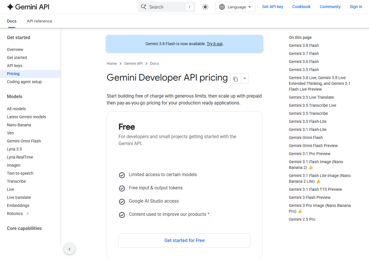 Gemini Developer API pricing page listing the Free tier and per-model paid tiers from Gemini 3.5 through Gemini 3.8 Flash