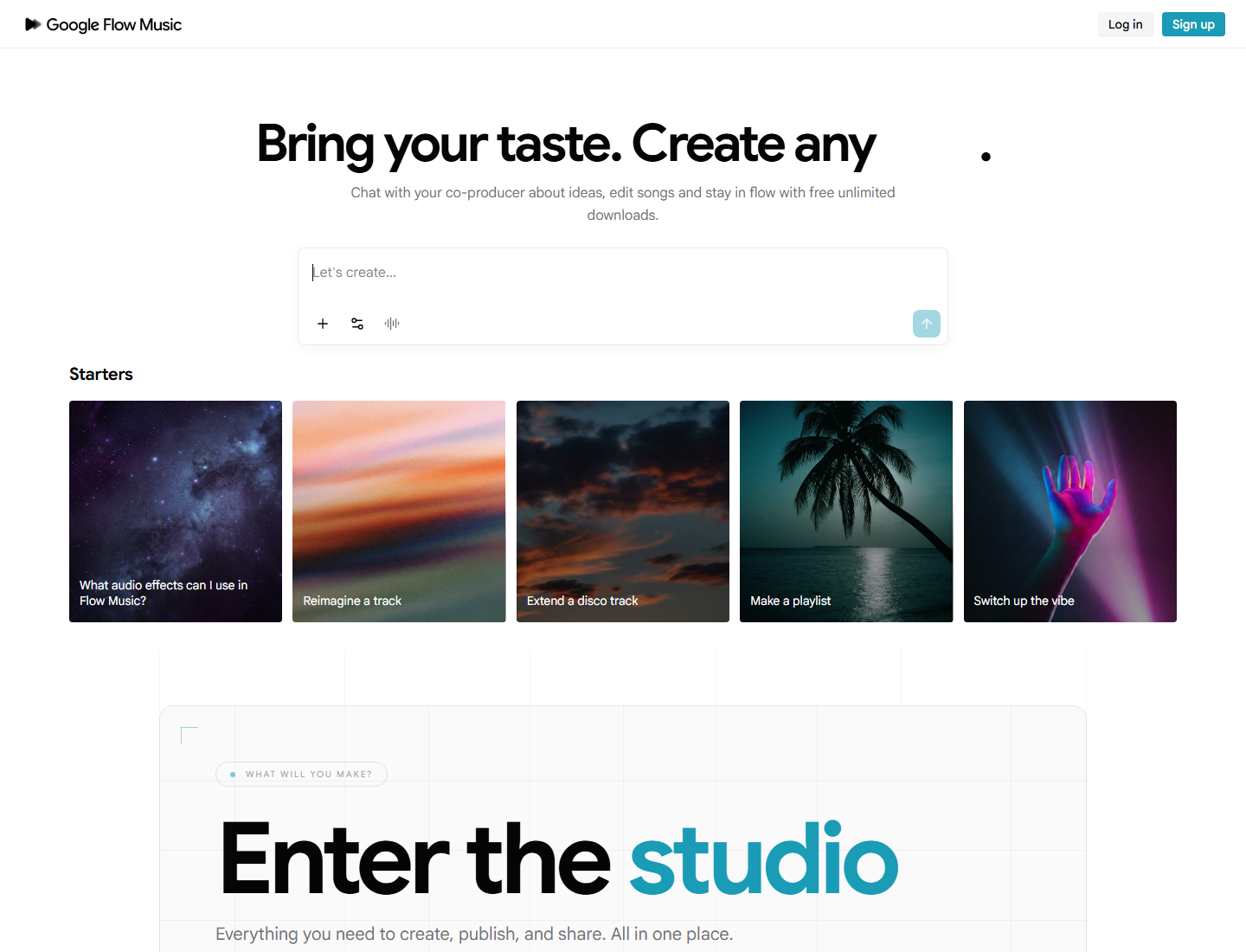 Google Flow Music homepage headlined Bring your taste. Create any, with the line chat with your co-producer about ideas, edit songs and stay in flow with free unlimited downloads, a Let's create prompt box, and starter cards reading Reimagine a track, Extend a disco track, Make a playlist and Switch up the vibe