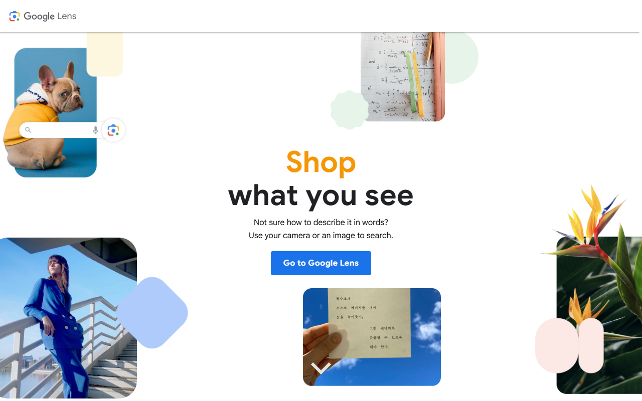 Google Lens homepage 'Shop what you see' section showing camera search, a handwritten note being translated, and a shopping photo
