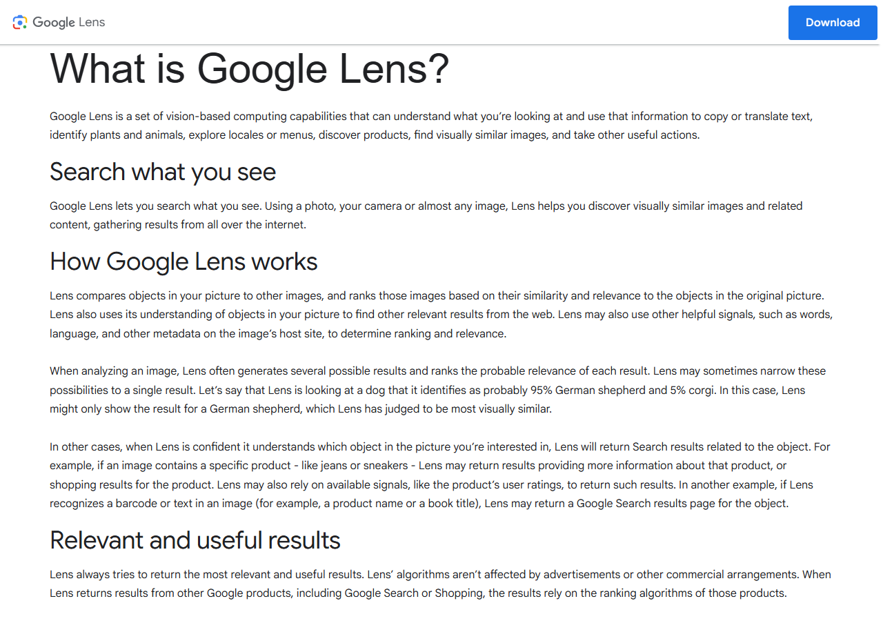 Google's 'How Google Lens works' support page explaining confidence-ranked object matching and stating that shopping and search results aren't influenced by ads or commercial deals