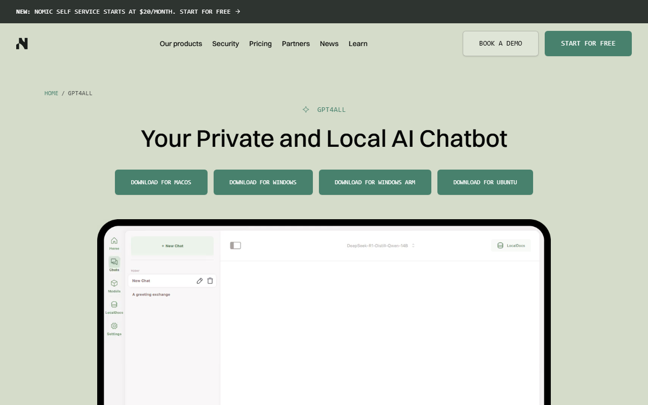 GPT4All page on nomic.ai showing the Your Private and Local AI Chatbot headline, download buttons for macOS, Windows, Windows ARM and Ubuntu, and the chat app with LocalDocs