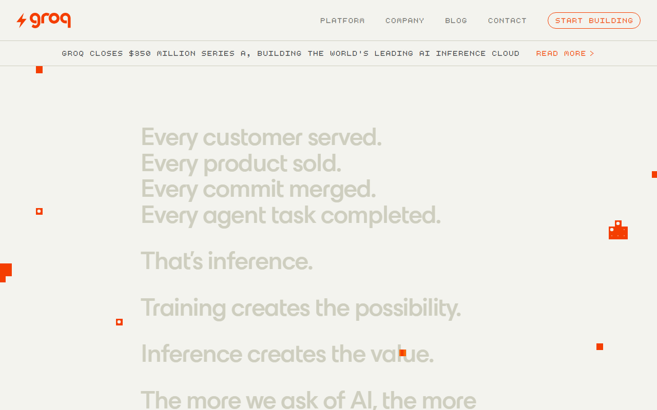 Groq homepage banner announcing its $350 million Series A funding round