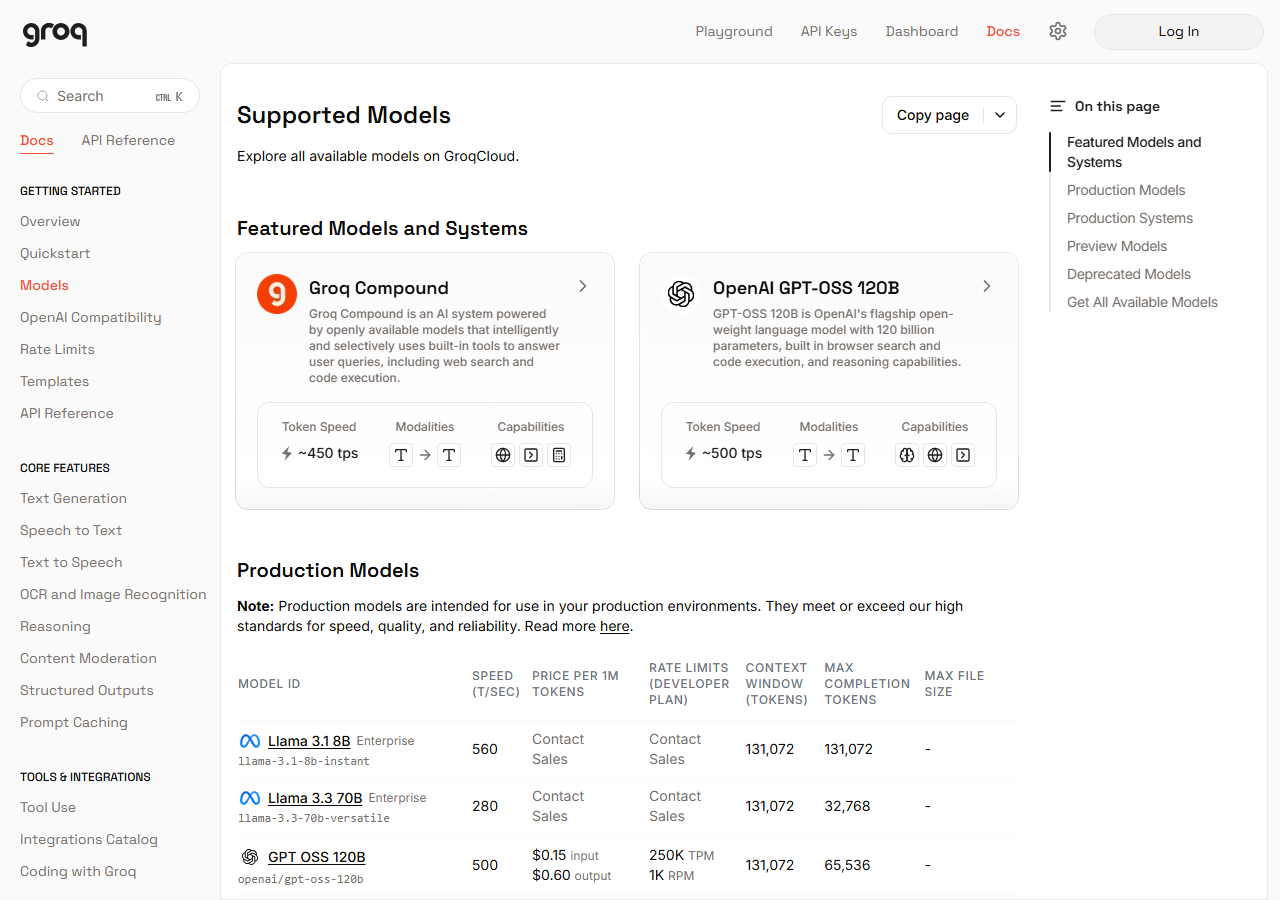 GroqCloud Supported Models page showing Llama 3.1 8B and Llama 3.3 70B tagged Enterprise with Contact Sales pricing, and GPT-OSS 120B priced at $0.15/$0.60 per 1M tokens