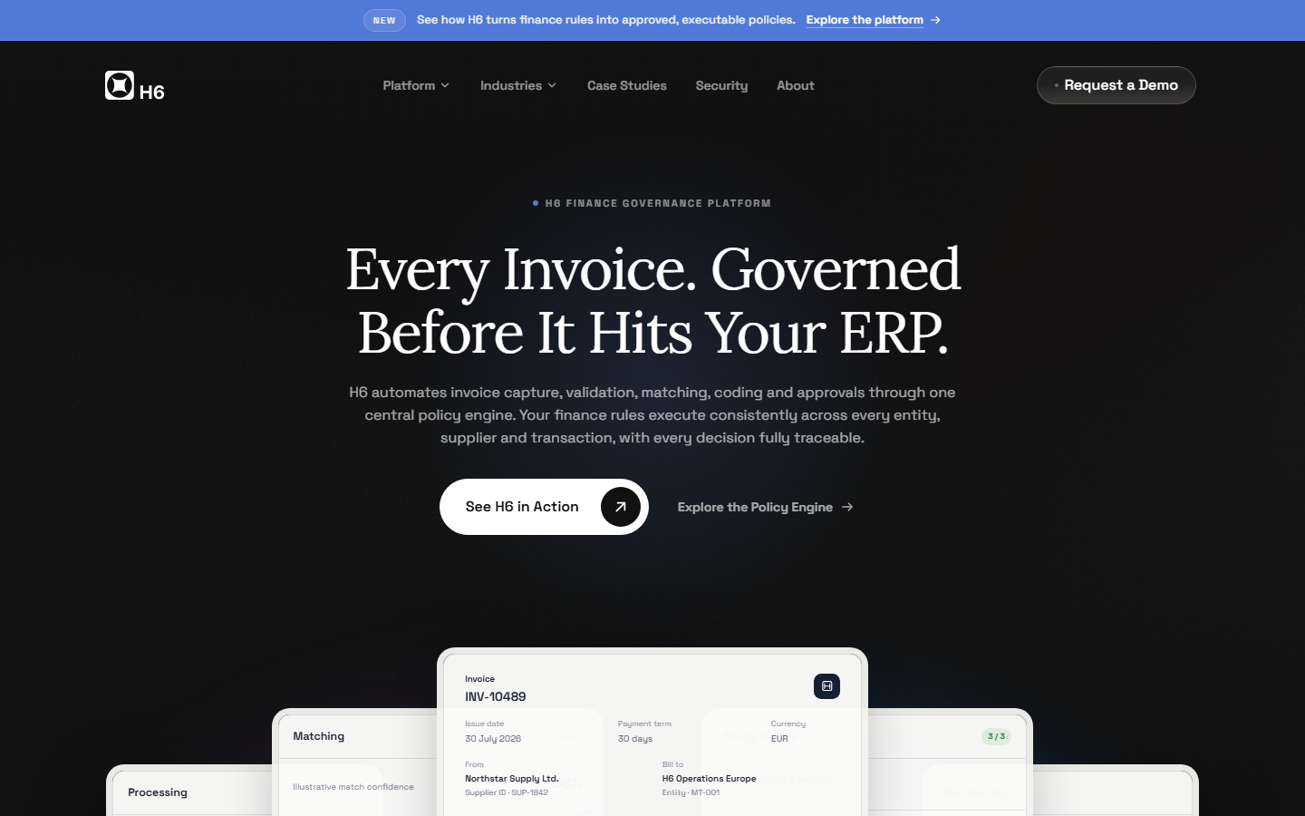 H6 homepage hero reading 'Every Invoice. Governed Before It Hits Your ERP' above a sample invoice card