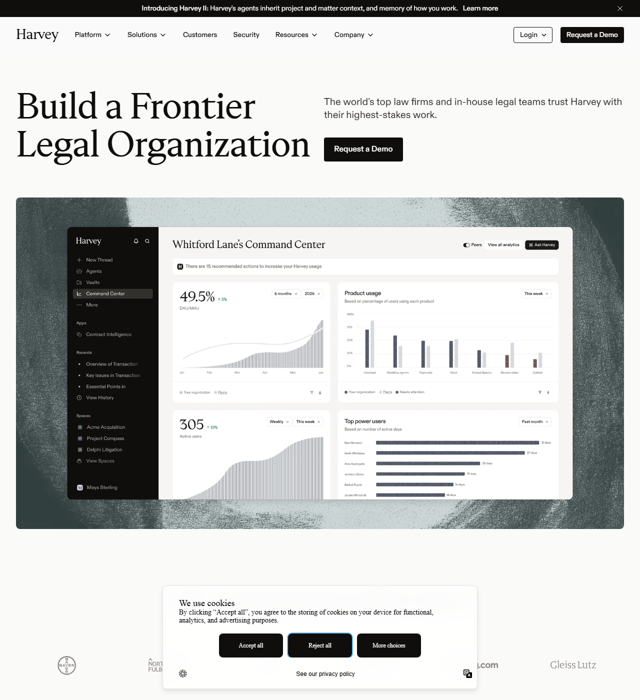 Harvey homepage with the headline Build a Frontier Legal Organization above a product screenshot of the Command Center showing usage analytics and active-user charts