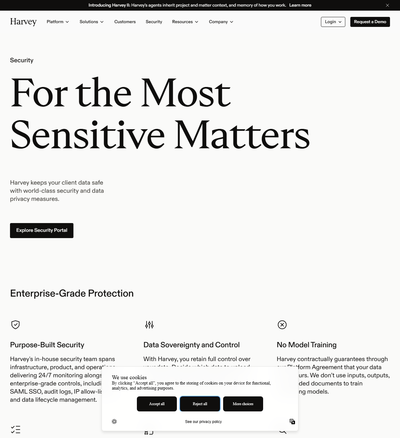 Harvey security page headed For the Most Sensitive Matters, with panels for purpose-built security, data sovereignty and control, and no model training