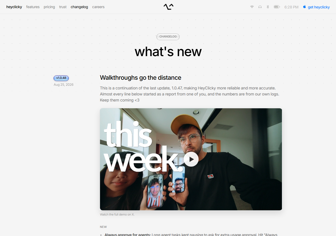 HeyClicky changelog page showing release v1.0.48 dated 25 August 2026 with a demo video and a list of new items